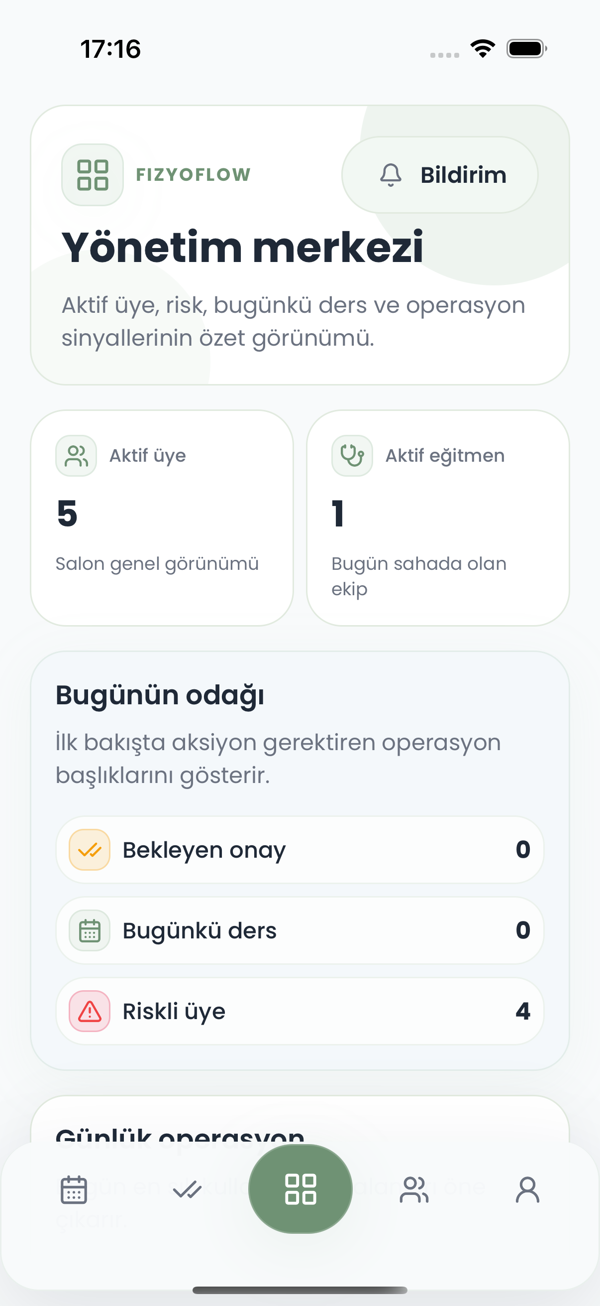 Fizyoflow fizyoterapi klinik yönetim merkezi ekranı