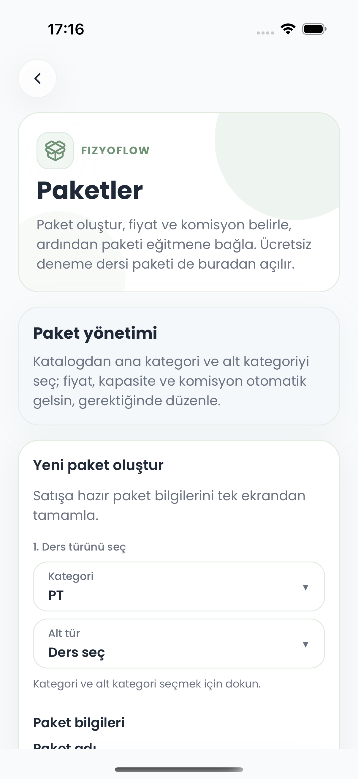 Fizyoflow paket yönetimi ve kalan hak takibi ekranı