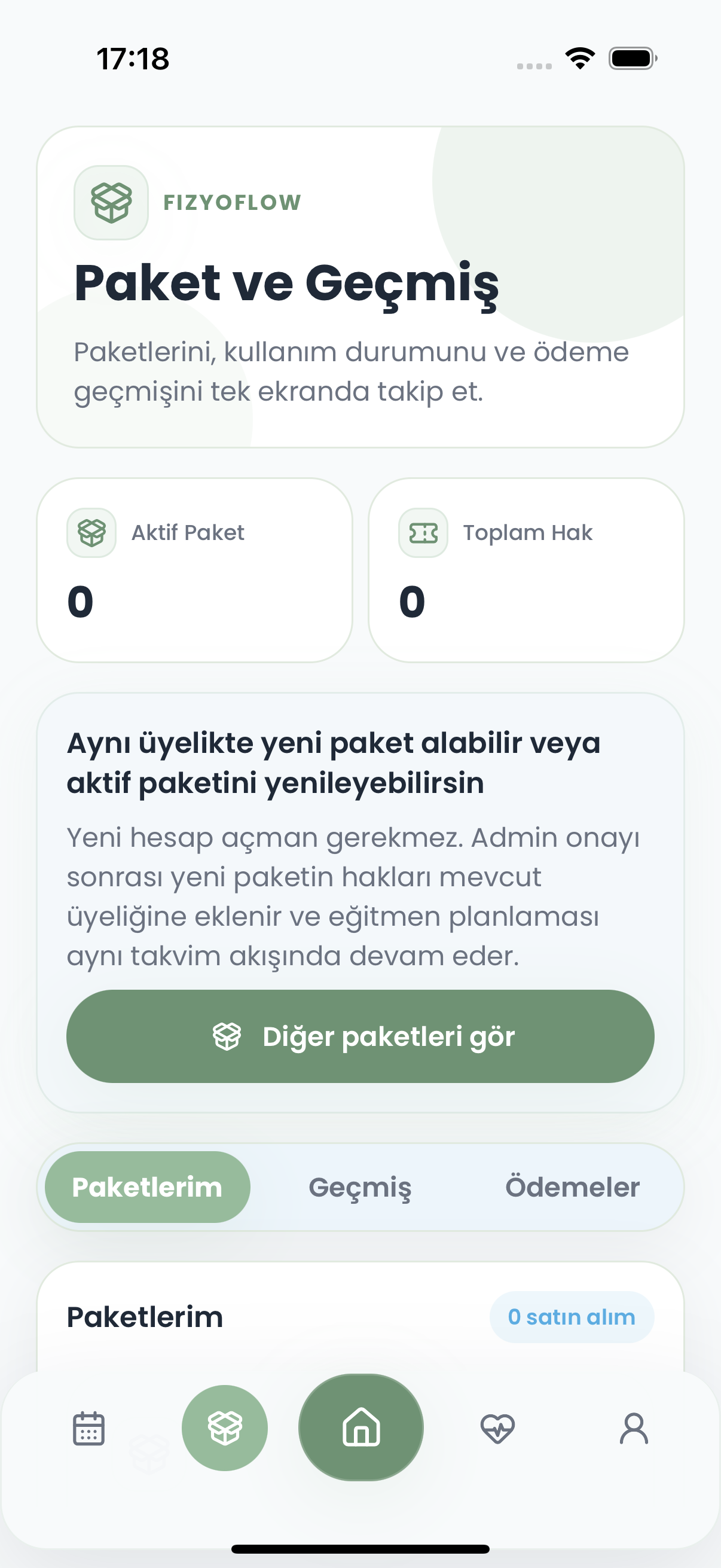 Fizyoflow danışan paket ve kalan hak takibi ekranı