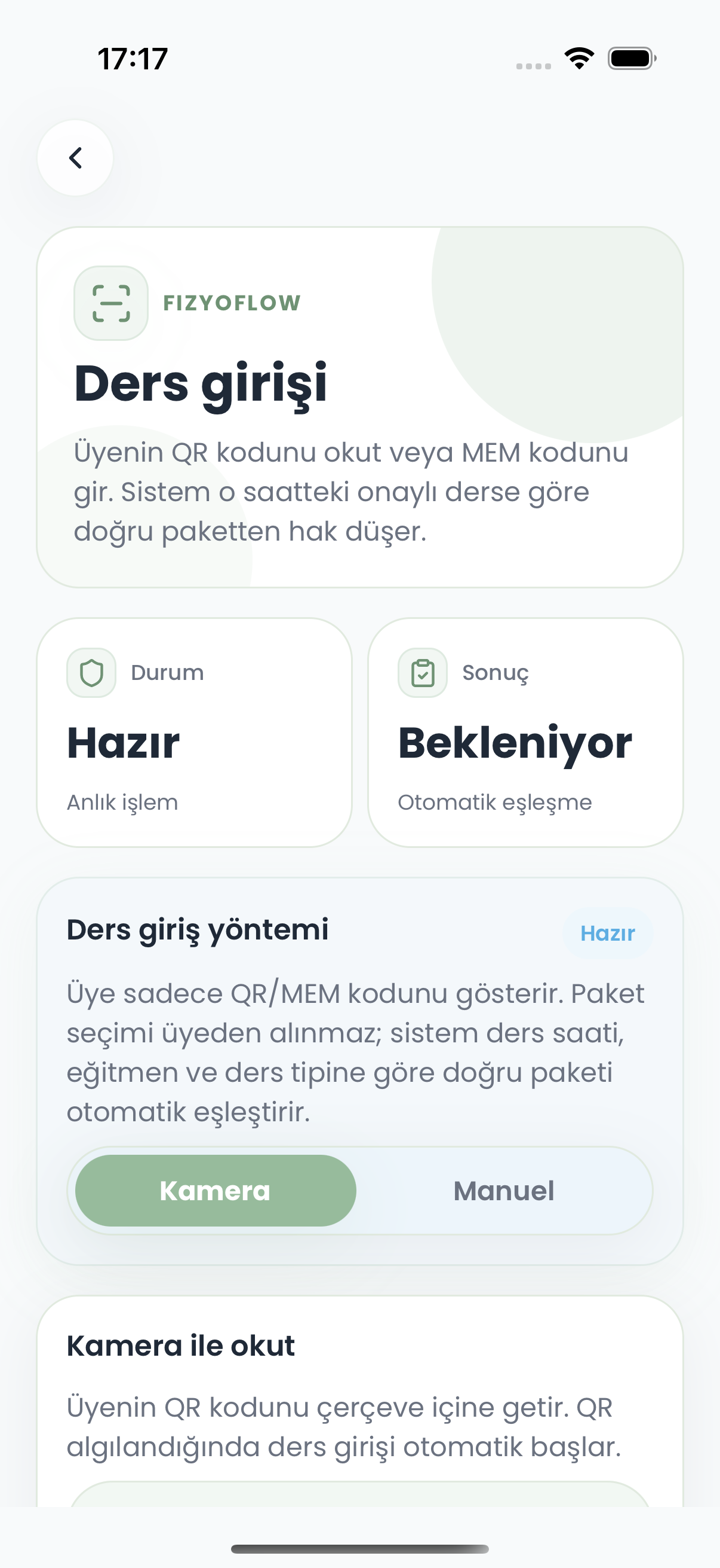 Fizyoflow fizyoterapist check-in ekranı