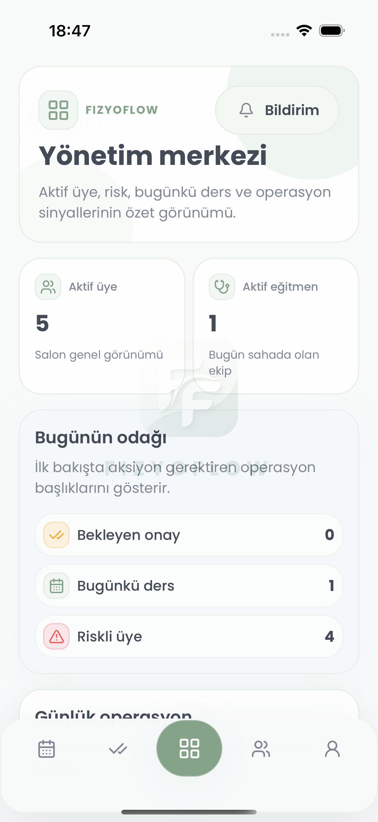 FizyoFlow Klinik rolünde Yönetim merkezi ekranı: Günün seans, danışan ve operasyon özeti