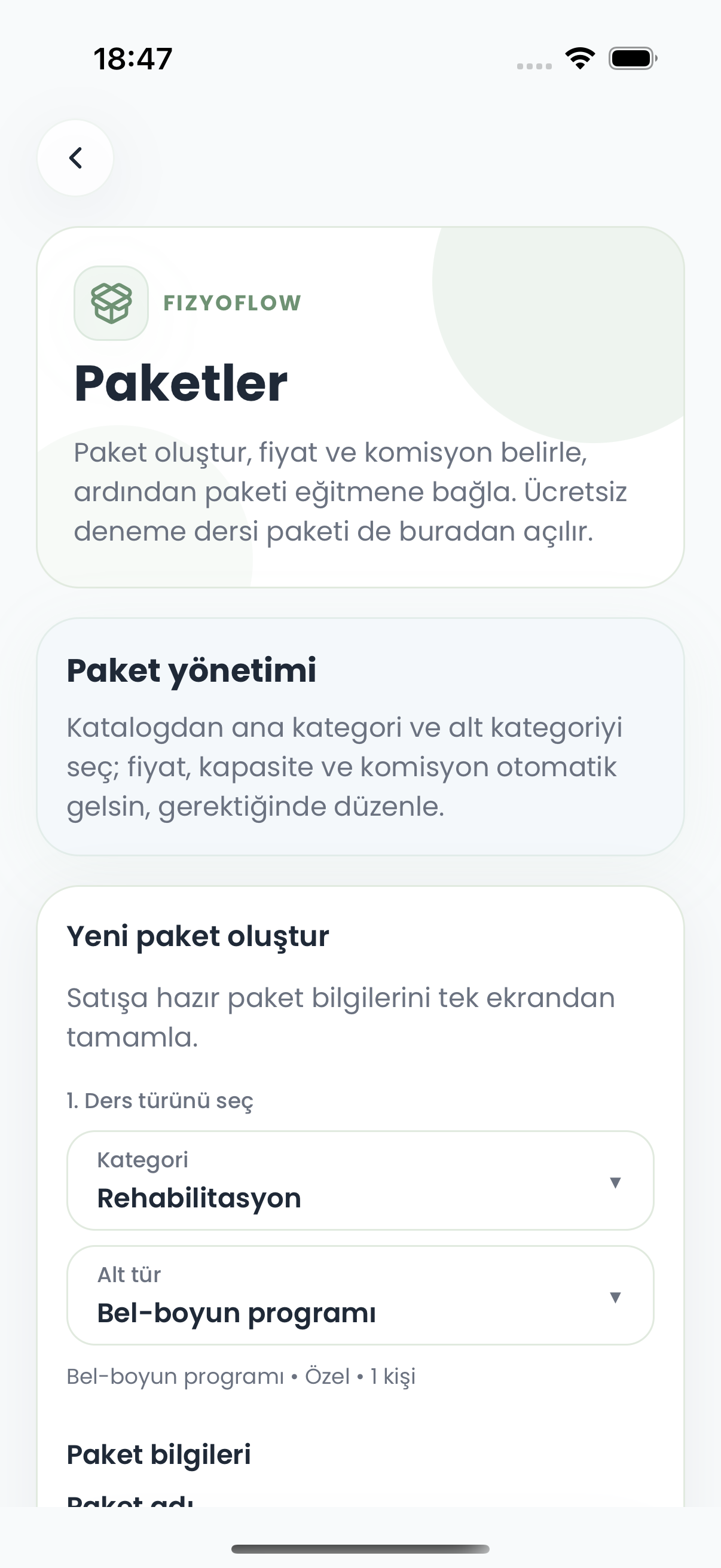 FizyoFlow Klinik rolünde Paket yönetimi ekranı: Hizmet, fiyat, hak ve uzman eşleştirmesi