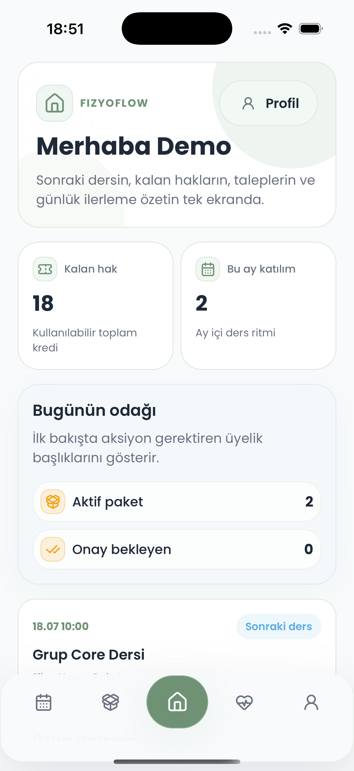 FizyoFlow Danışan rolünde Danışan ana ekranı ekranı: Sonraki seans, kalan hak ve günlük özet