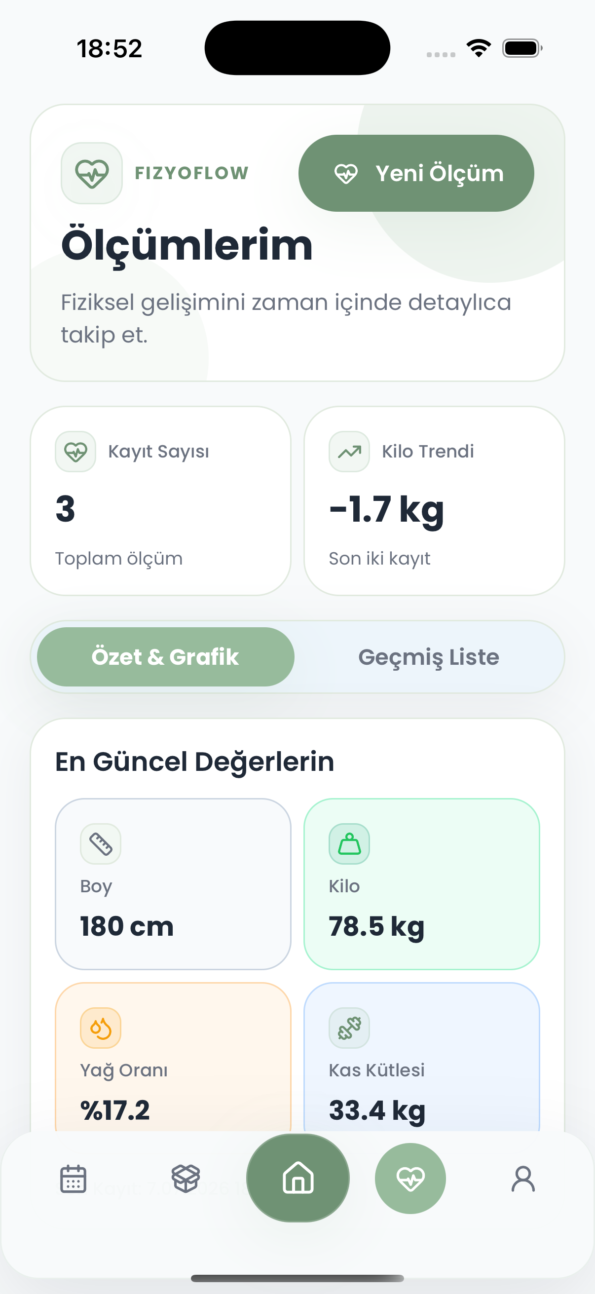 FizyoFlow Danışan rolünde Ölçümlerim ekranı: Vücut ölçümlerini ve kayıt geçmişini izleme