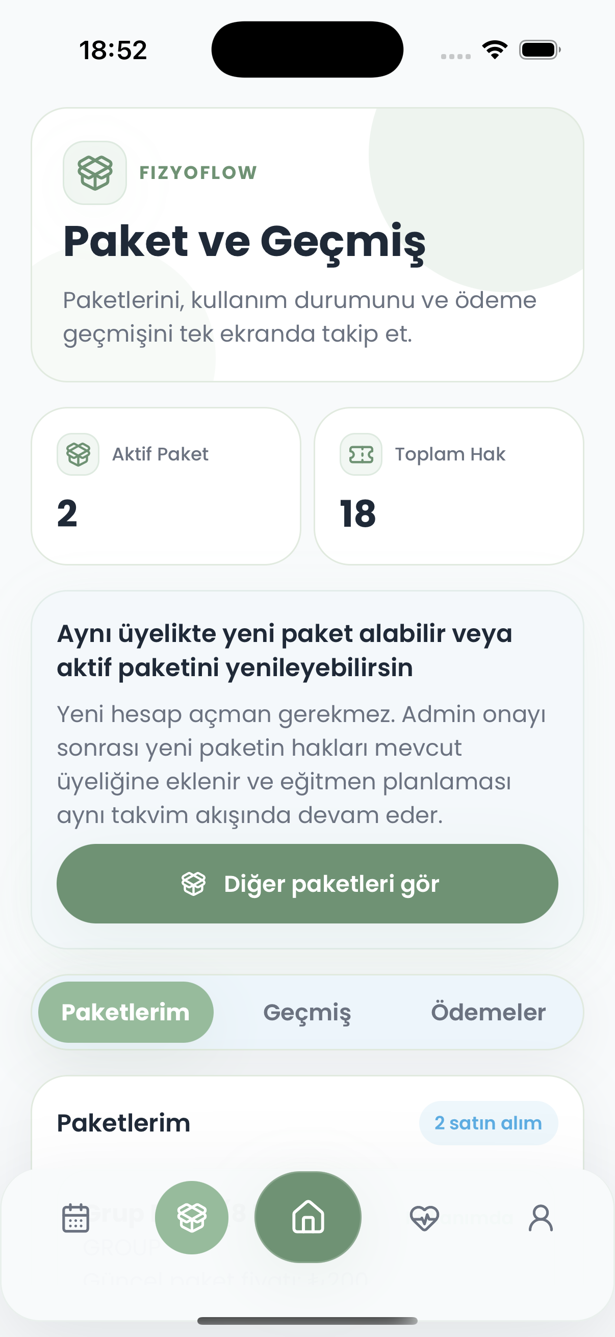 FizyoFlow Danışan rolünde Paket ve haklar ekranı: Kalan kullanım, geçmiş ve ödeme bilgisi