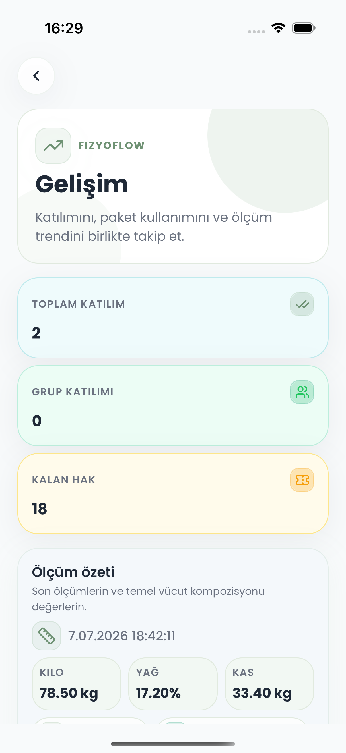 FizyoFlow Danışan rolünde Gelişim ekranı: Katılım, paket kullanımı ve ölçüm trendini birlikte takip