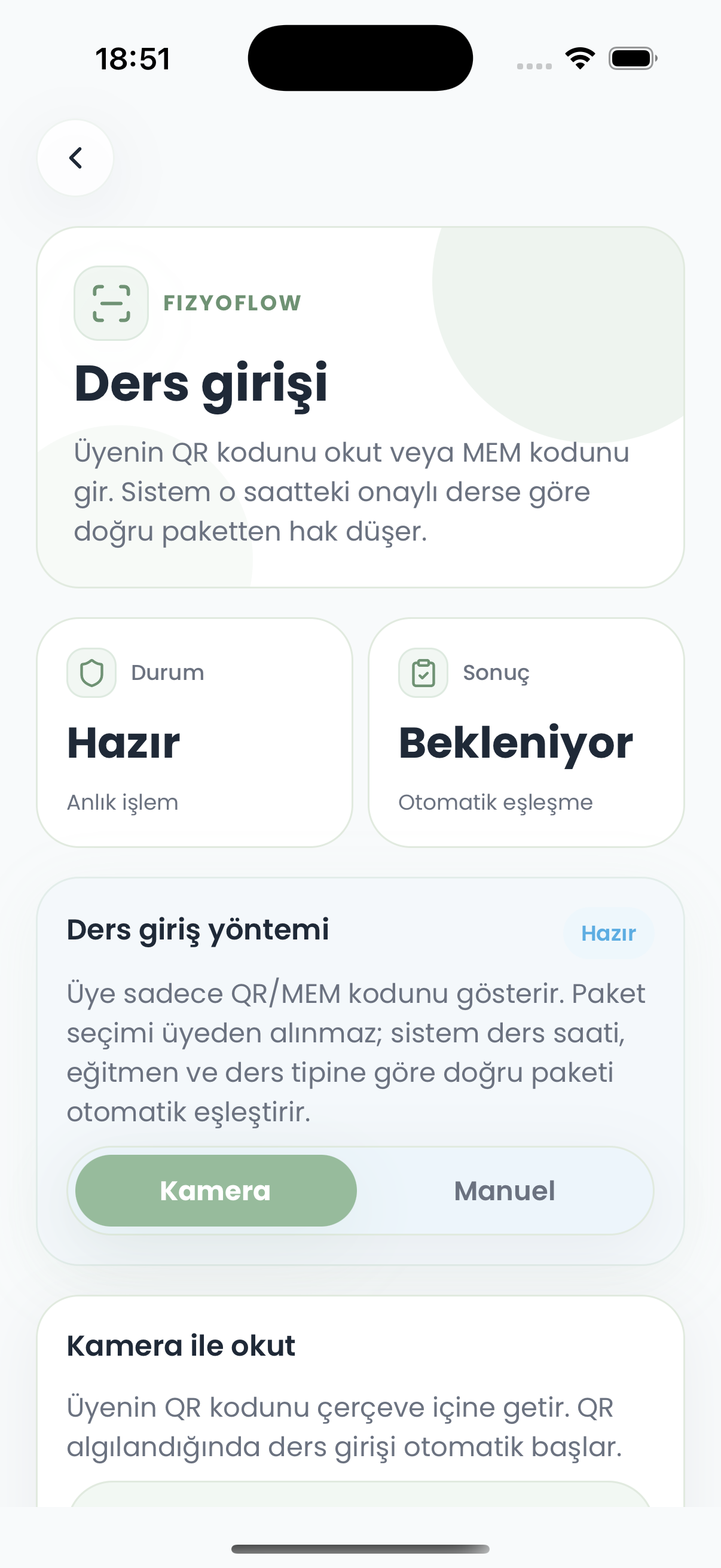FizyoFlow Uzman rolünde Check-in ekranı: QR veya kodla katılım ve hak düşümü