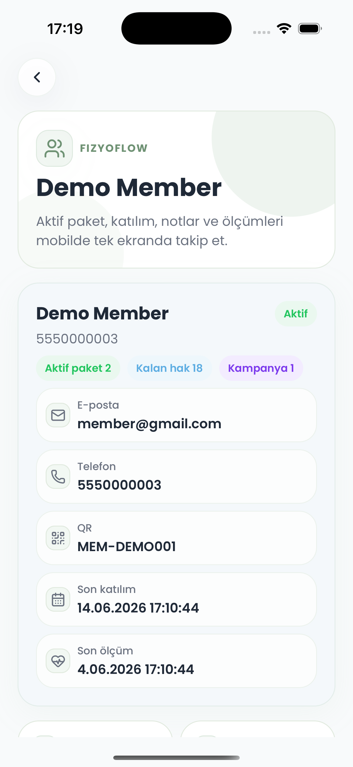 FizyoFlow Uzman rolünde Danışan detayı ekranı: Aktif paket, kalan hak, katılım ve ölçüm bilgilerine toplu bakış