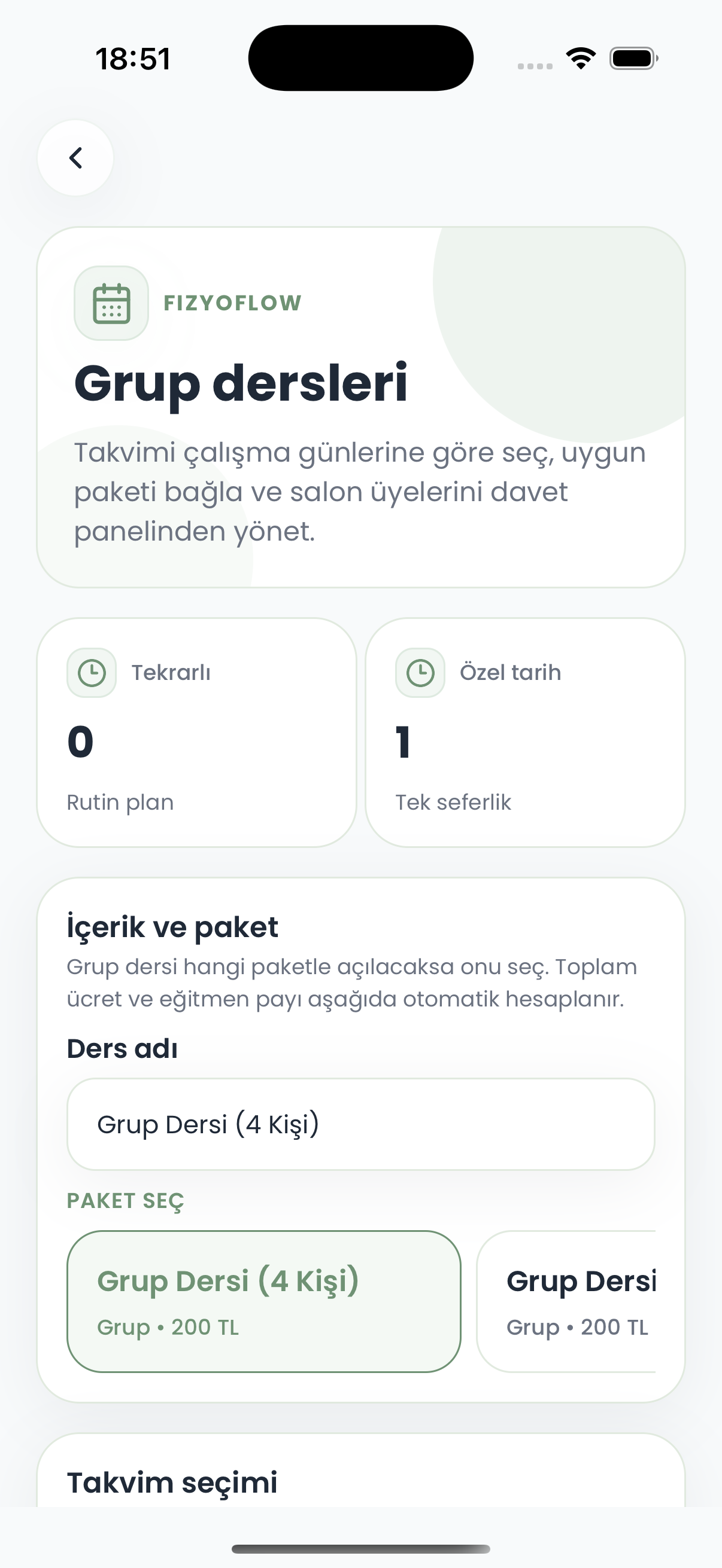 FizyoFlow Uzman rolünde Grup dersleri ekranı: Ders programı, kapasite ve katılımcı akışı